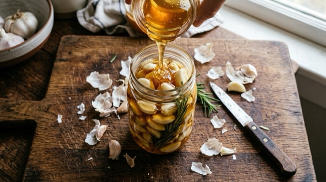 Honey being poured over garlic cloves and rosemary in a glass jar